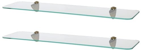 Harbour Housewares Rounded Floating Glass Bathroom Shelves - 60cm - Clear/Gold - 2x Wall-Mounted Kitchen Bedroom Shower Room Décor Caddy Towel Storage Organiser Shelving Rack with Brackets