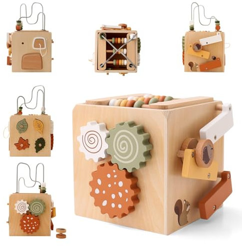 WOODEN TEETHER Montessori Motorikwürfel holzspielzeug Montessori Spielzeug ab 1 Jahr 6 in 1(Naturholzfarbe Aktivitätswürfel)