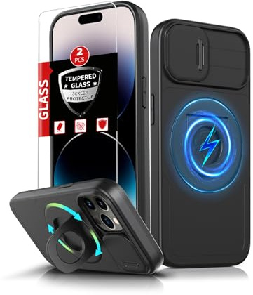 FRLMOOES for iPhone 14 Pro Case Magnetic Compatible with MagSafe Wireless Charging,with 2 Screen Protectors,Built-in 360°Kickstand Ring+Camera Cover Anti-Scratch Shockproof Heavy Duty Protection Black