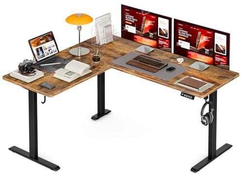 Grandder L Shaped Standing Desk Adjustable Height, Electric Standing Corner Desk, 160 x 140 cm Sit Stand Computer Table with Splice Board, Rustic Brown