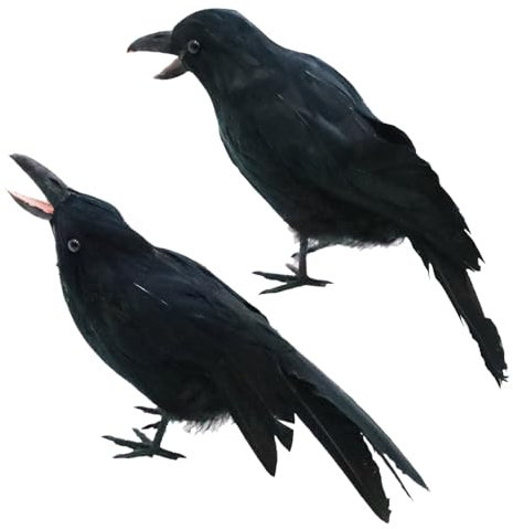Krähen-Dekor 2 Stück Halloween-Dekor realistische Krähe 24,1 cm und 24,9 cm große schwarze gefiederte stehende Krähen für Halloween-Dekoration Vögel gruselige lebensechte gefälschte Raben-Dekoration