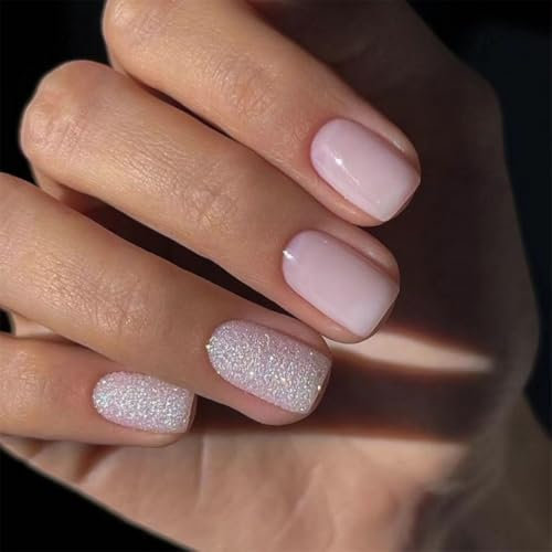 SXVME SXDusty Pink False Nails Short Square Press on Nails with Glitter Sequins Design Full Cover Natural Sparkle Bling Acrylic Glue on Nails for Women Daily Wear 24 Pcs