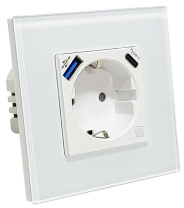 LED ATOMANT Enchufe de Pared Inteligente Cristal Wifi 16A con USB y USB C, Carga Rapida, Medidor de Consumo, Base Schuko para Empotrar, APP Smart Life, Compatible con Alexa y Google Home