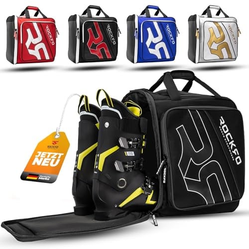 ROCKRO Skischuhtasche mit Helmfach, Robuste Tasche für Skischuhe, Wasserabweisende Skistiefeltasche mit Helmfach, Praktischer 7 Zonen Ski Rucksack für Ski Schuhe Helm Skibrille, 49L