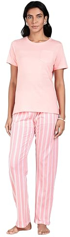 TURTLE Women’s Pyjama Set Women’s Nightwear Peachy Pink Stripe – Soft Jersey Short Sleeve Top with Pocket & Elastic Waistband Stripe Bottoms (L)