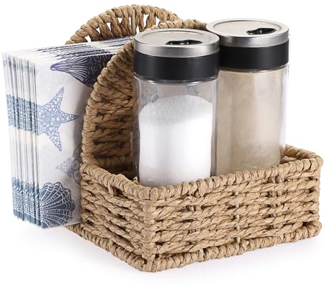 BTSKY Paper Rope Napkin Holder with Storage Holder - Desktop Woven Napkin Holder with Salt and Pepper Shakers Caddy for Kitchen Dinner Table, Vertical Serviette Holder for Bar Restaurant