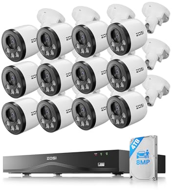 ZOSI 4K PoE Überwachungskamera Set Aussen 16CH 4TB NVR, 12X 8MP IP Kameras | KI Personen-/Fahrzeugerkennung, Audioüberwachung, 30M IR Nachtsicht, C180