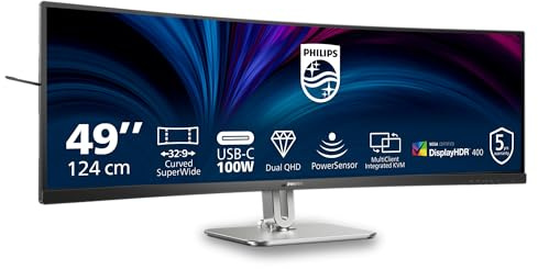 Philips Monitor 49B2U5900C 49 pollici Curvo 5120x1440, DQHD, 75Hz, VA Panel, 4ms GtG, USB Hub Speakers, Height Adjustment, (HDMI2x 2.1 TMDS DP 1x 1.4) HDR400, Grigio Antracite