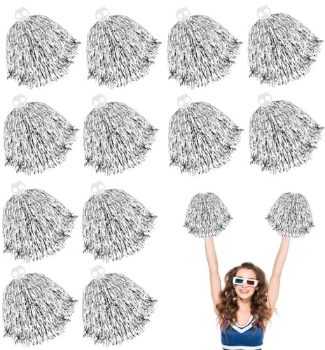 LIULINY 12 Pezzi Pon Pon Cheerleader, Lamina Metallica Pom Pom Cheerleader con Anello a Doppio Foro, Argento Cheerleading Poms per Eventi Sportivi, Feste, Spettacoli Teatrali, Celebrazioni Festive