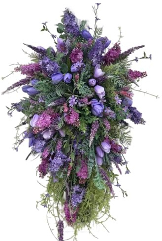 Helilyco Spring Purple for Tulip Wreath, 50x30cm Artificial Flower Wall Decor Front for Door, Plastic Floral Arrangement Easter or Year-for Round Home Decoration