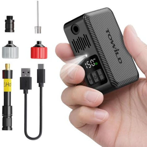 TOWILD A15 Gonfleur de Vélo Électrique 150PSI, Pompe à Air de Vélo Portable sans Fil avec Arrêt Automatique, Batterie 2×800mAh pour 8 Pneus, Lumière LED pour Vélo de Route et VTT