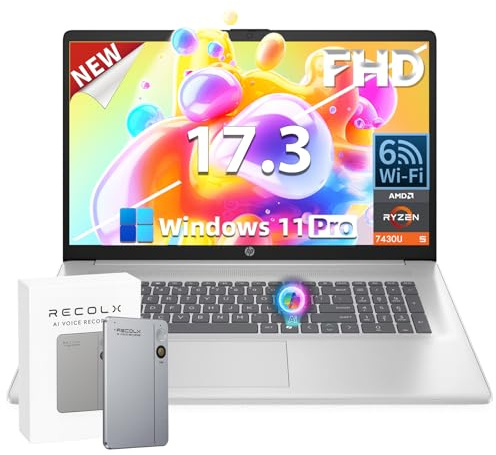 HP 17.3 FHD Business Laptop Computer - AMD Ryzen 5 7430U (6-Core), 32GB RAM 1TB SSD, Anti-Glare Display, Windows 11 Pro with Webcam, Wi-Fi & AI Voice Recorder Bundle for Remote Work and Students