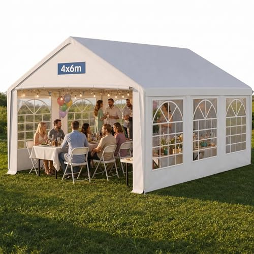 QEENTOE Partyzelt 4x6 m Wasserdicht UV-Schutz, Stabiler Garten Pavillon mit Seitenteilen und Fenstern, Winterfest PE-Plane Festzelt für Hochzeit Feier Außenbereich Weiß