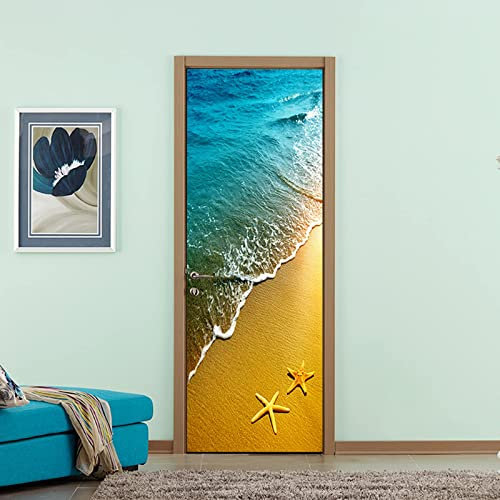 FLFK Étoile de mer Océan Plage Autocollant Porte Affiche 3D pour Cuisine Chambre Salle de Bain Auto-adhésif Amovible Murale Décoration 77X200cm