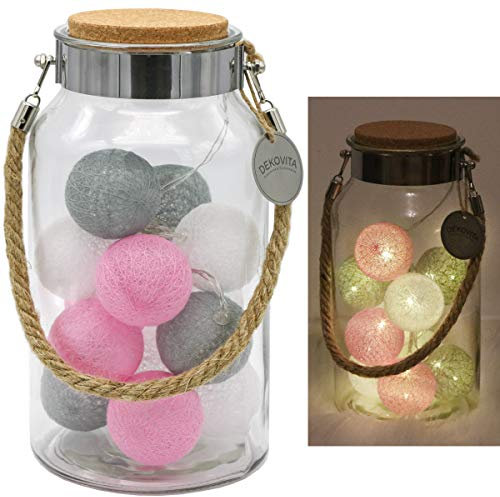 Dekovita Dekoglas 5l H:30cm Korkdeckel inkl. Tronje 10 LED-Lichterkugeln 4h-Timer Lichterkette Pink Grau Warm-Weiß