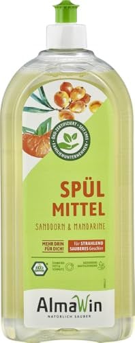 AlmaWin® Spülmittel Öko [2x 1L] mit Sanddorn & Mandarine-Duft - Kraftvolles Geschirrspülmittel flüssig mit hoher Fettlösekraft - Vegan Dish Soap - Biologisch abbaubares & ergiebiges Konzentrat