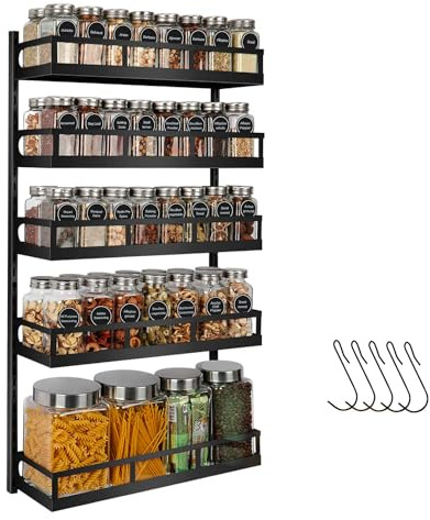 X-cosrack Spice Rack Wall Mounted, 5 Tier Height-Adjustable Spice Organizer Shelf Storage for Kitchen Cupboard Door, Dual-Use Seasoning Hanging Holder with Hooks, Black-Patent Pending