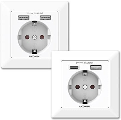 UCOMEN 2.8A USB Schuko Steckdosen, Wand steckdose 250V Steckdose mit 2 USB Type A and Type C, Laden aller mobilen Geräte Passent in standard Unterputzdose,weiß (2 Pack)