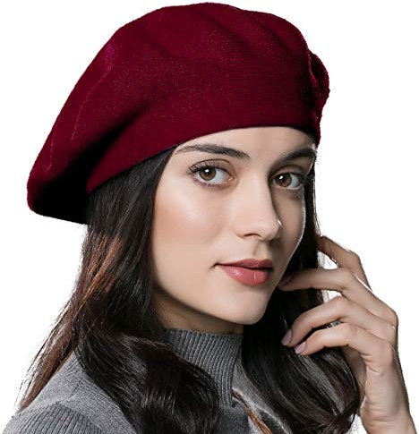 ENJOYFUR Damen Winter Baskenmütze Strickmütze Herbst Winter Mütze Französisch Klassische Baskenmütze, weinrot, Einheitsgröße