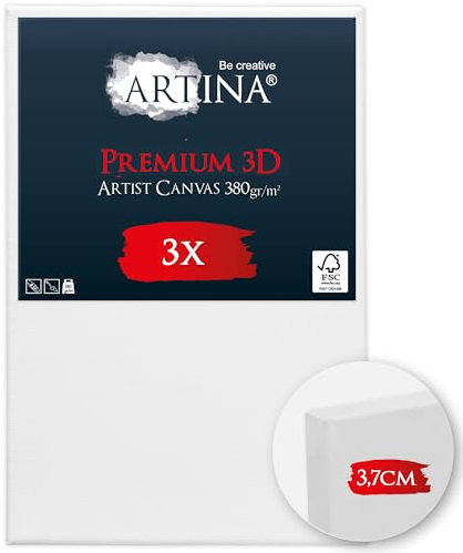 Artina 3er Set 3D Leinwand 20x30cm – Bespannt auf stabilem FSC® Keilrahmen, verzugsfrei, 3-fach weiß vorgrundiert, Premium Qualität, 100% Baumwolle, 380 g/m² – Künstlerbedarf