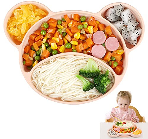 Ballery Assiette Ventouse pour Bébé, Assiette Bebe Silicone Antidérapante Bol Bebe Ventouse Vaisselle Silicone avec Compartiments Approuvé au Lave-vaisselle et au Micro-ondes (Rose)