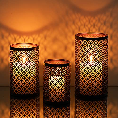 Romadedi Kerzenhalter Metall Teelichthalter Schwarz & Gold - 3er Set Kerzenständer für Teelichter Kerzen Orientalisches Aushöhlen Windlicht Vintage Wohnzimmer Tischdeko Innen Außen Deko 20/16/13cm