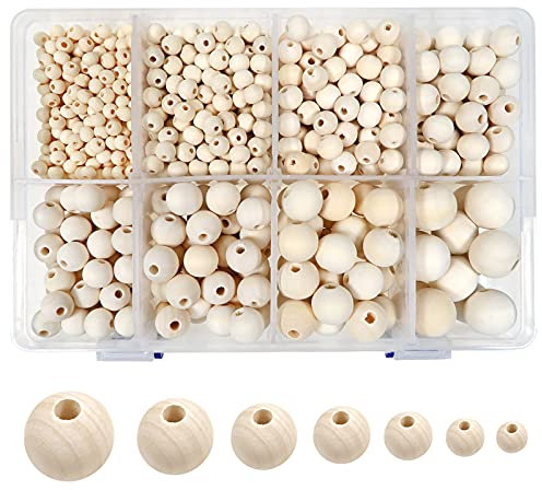 TOAOB Holzperlen zum Auffädeln 1050 Stück Holzkugeln mit Loch 6mm 8mm 10mm 12mm 14mm 16mm 20mm Runde Natur Holzperlen Zwischenperlen mit Box für Makramee Basteln DIY Schmuck Armband