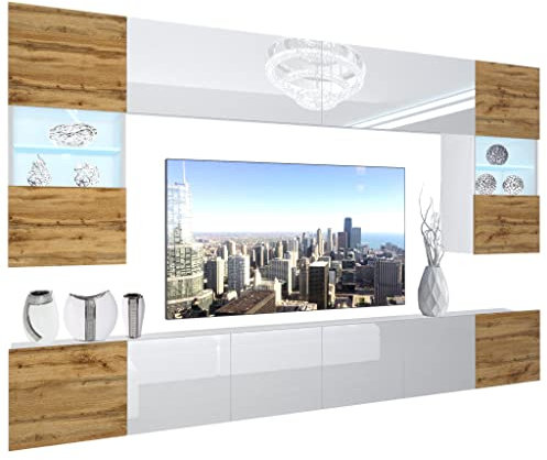BELINI Wohnwand Vollausstattung Wohnzimmer-Set Moderne Schrankwand mit LED-Beleuchtung Anbauwand TV-Schrank Eiche Wotan/Weiß