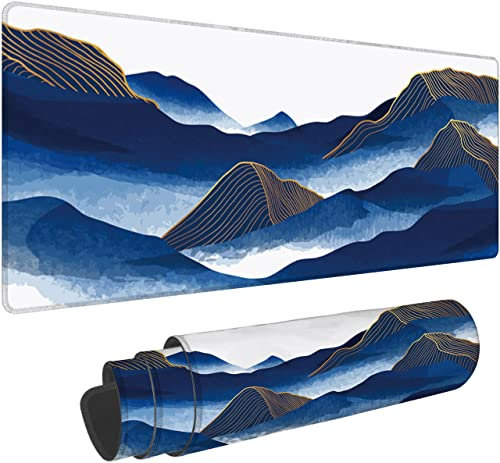 Hanazaoa Grand tapis de souris de jeu oriental aquarelle bleue et ligne dorée XL tapis de souris étendu tapis de souris antidérapant pour ordinateur portable clavier pour bureau et maison 80 x 20 cm