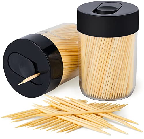 Urbanstrive Sturdy Safe Toothpick Holder with 800 Natural Wood Toothpicks for Teeth Cleaning, Unique Home Design Decoration, 2 Pack (Black)