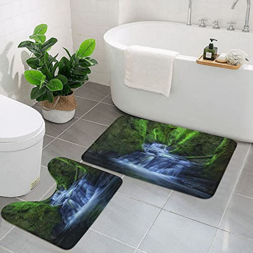 Evealyn Canyon Cliff Wasserfall Bedruckte 2-teilige Badezimmerteppiche Badematte rutschfest rechteckig Badteppich + U-förmige WC-Vorleger für Badezimmer, Badewanne, Dusche