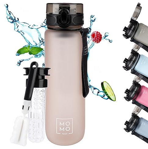 MOMO WAY Trinkflasche Tritan Wasserflasche Mit Früchtebehälter Wiederverwendbare Sportflasche Für Schule Gym Geschenk BPA-Frei 1-Klick Verschluss Hellrosa 1000ml