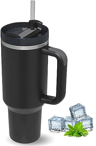 TUMBLERRY H2.0 Tumbler with Straw and Lid | 40oz-1200ml Stainless Steel Vacuum Insulated Cup with Handle | Travel Flask Car Coffee Mug for Hot and Cold Drinks (Black_1)
