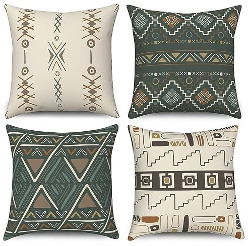ASDCXZ Kissenbezug 40x40 cm 4er Set, Modern Boho Regel Geometrie Muster Beige Sofa Dekokissen Kissenbezüge Kissenhülle Waschbar Polyester Flachs Textil Outdoor Kopfkissenbezug Kissen Bezug