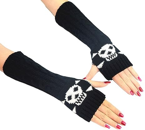 OTKARXUS Women Arm Warmers,1 Pair Skull Pattern Knitted Fingerless Gloves,Skeleton Long Sleeve Wrist Warmers Winter Warm Mittens with Thumb Hole for Halloween Ladies Female Girls (Black)