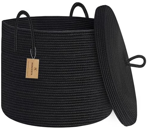 HONCESTA 18 X 14 Large Black Basket with Lid, Cotton Rope Storage Bin for Blanket, Toy, Pillow, Towel, Living Room, Bedroom Organization, Wicker Woven Basket with Cover