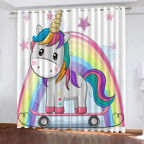 GIOVIA 3D Einhorn Gardinen Abdunkelnde Regenbogen Einhorn Kindervorhänge Vorhang mit ösen 2er Set Vorhänge Blickdicht Verdunkelungs für Kinderzimmer Schlafzimmer Wohnzimmer B 140 X H 160 cm