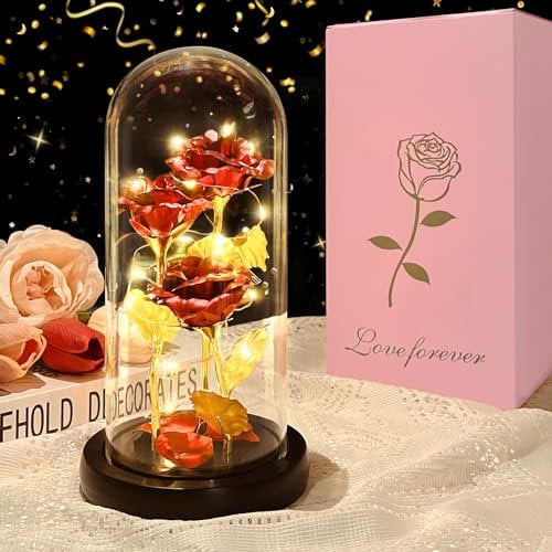 DOUUCO Eterna Rosa Bella e La Bestia, Fiori di Rosa con Luce a LED in Cupola di Vetro Regalo per La Festa della Mamma Valentino Compleanno Anniversario Matrimonio, Idee Regalo per Lei