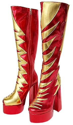 Frankie Hsu Ladies Girls Sexy Unisex Chunky Platform Knee High Heeled Wide Calf Boots, Red Gold Thunder Luxury Fashion Style, Big Large Size US4-14 Shoes For Women Men, Red, 18