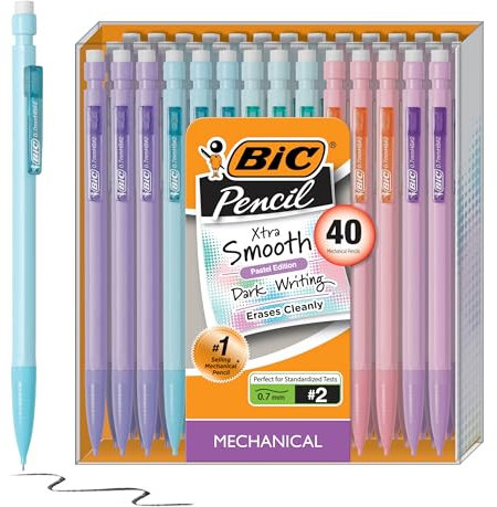 BIC Xtra-Smooth Lot de 40 porte-mines pastel avec gommes, pointe moyenne (0,7 mm), pour fournitures scolaires ou de bureau