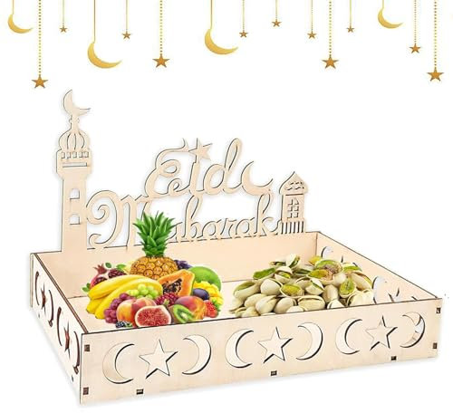 JLTXKST Bandeja Ramadán,Eid Mubarak Bandeja de Madera Luna,Islam Eid Sirviendo Bandejas, Bandeja De Luna Y Estrella,Bandeja de Postres Ramadán para Decoracion Fiesta Postre Cocina Mesa Dulces. (A)