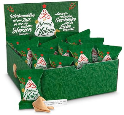 Glückskekse Weihnachten Adventskalender Füllung 24+1 Glückskekse für Adventskalender zum Befüllen, mit Lebkuchengeschmack, im Display, Nikolaus Geschenk, Wichteln Geschenk, Geschenkverpackung