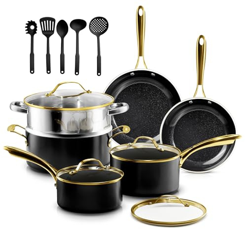 Gotham Steel 15 Pc Ceramic Pots and Pans Set Non Stick, Kitchen Cookware Sets, Pot and Pan Set, Ceramic Cookware Set, Non Toxic Cookware Set, Non Stick Pots and Pan Set, Dishwasher Safe - Black Gold