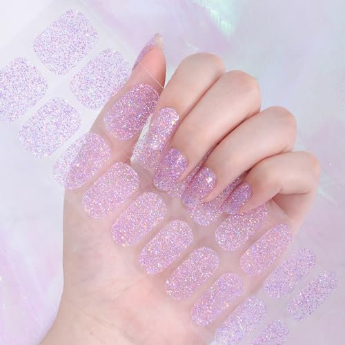 Ceboic Semi Cured Gel Nail Strips - 22PCS Pink & Purple Glitter Gel Nail Stickers with Self-Adhesive Finish, Salon Quality French Manicure StickersSet, Easy to Apply & Remove