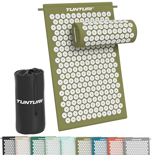 Tunturi Akupressurmatte mit Kissen - Akupunktur Matte - Stachelmatte für Rücken, Nacken, Fuße, Ganzkörper - 2in1 Nagelmatte Akupressurmatte - Anti Stress - 68x42x2cm - Armeegrün