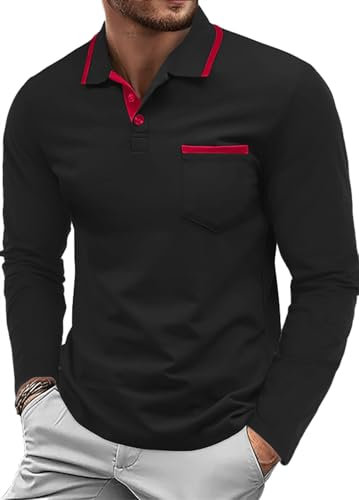 QIXING Men's Polo Shirts Long Sleeve Collared Golf Top Classic Cotton Polo with Pocket(Black, L)