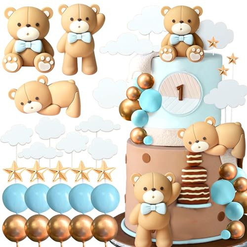 JeVenis Luxury Blue Bear Cake Decoration Blue Gold Balls Cake Topper Bears Cake Decoration Baby Shower Birthday Cake Decorations
