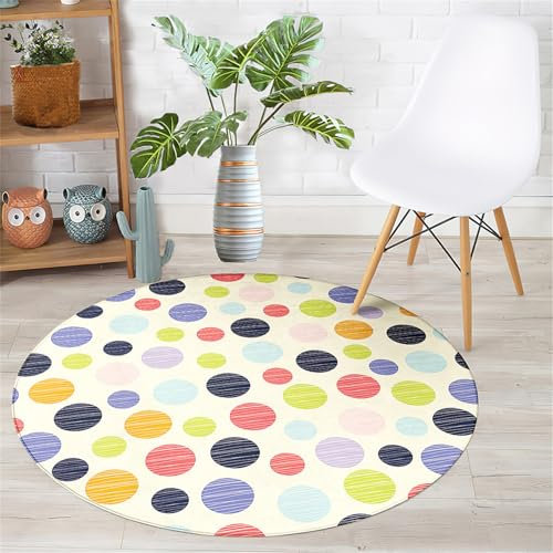 Hearda Mehrfarbige Punkte Teppich Rund, Reppich Schlafzimmer, Flanell Innenbereich Runder Teppich, Waschbarer rutschfest Teppich, fürs Wohnzimmer, Kinderzimmer (120cm,Bunt)
