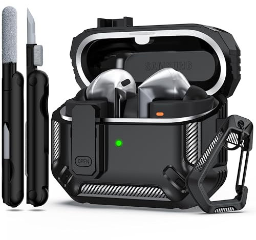MHYALUDO per Samsung Galaxy Buds3/Galaxy Buds3 Pro (2024) con chiusura di bloccaggio, custodia per cuffie anticaduta di livello militare con fibbia da trekking e kit di pulizia-Nero