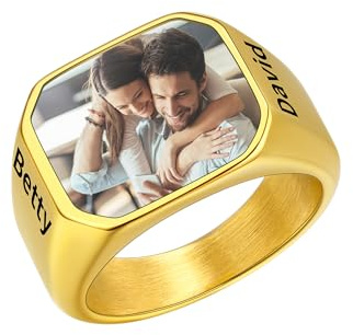 U7 Ringe für Herren Damen Personalisierter Ring mit Foto/Geburtsstein Edelstahl Siegelring mit Farbbild/Schwarzes Bild Fingerring mit Gravur Bandringe Memorial Souvenir Modeschmuck für Geburtstag
